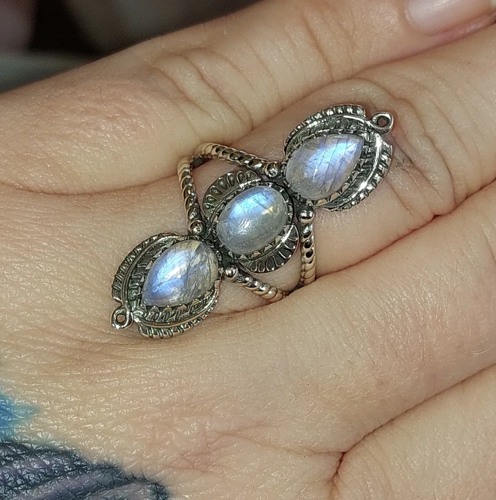 Triple Moonstone Solid Sterling Silver Ring